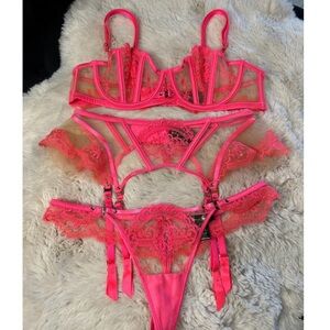 Pink Lace  Bra with Garter, matching thong, and stockings
4 piece set